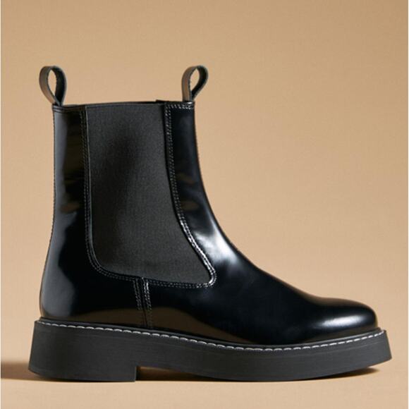 NWT Anthropologie Pilcro Contrast Stitch Black Noir Patent Leather Chelsea Boots - Picture 1 of 15